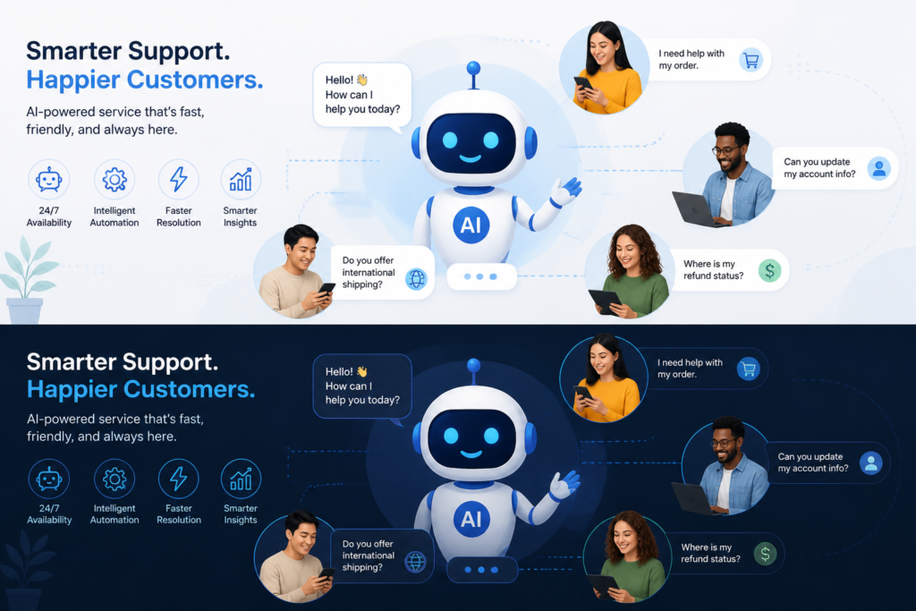 A sleek AI robot assisting multiple customers through digital devices, symbolizing streamlined customer support for eCommerce stores.