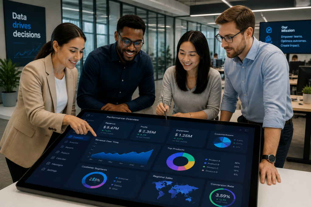 A professional office environment with diverse team members working together using digital devices to represent business efficiency tools.