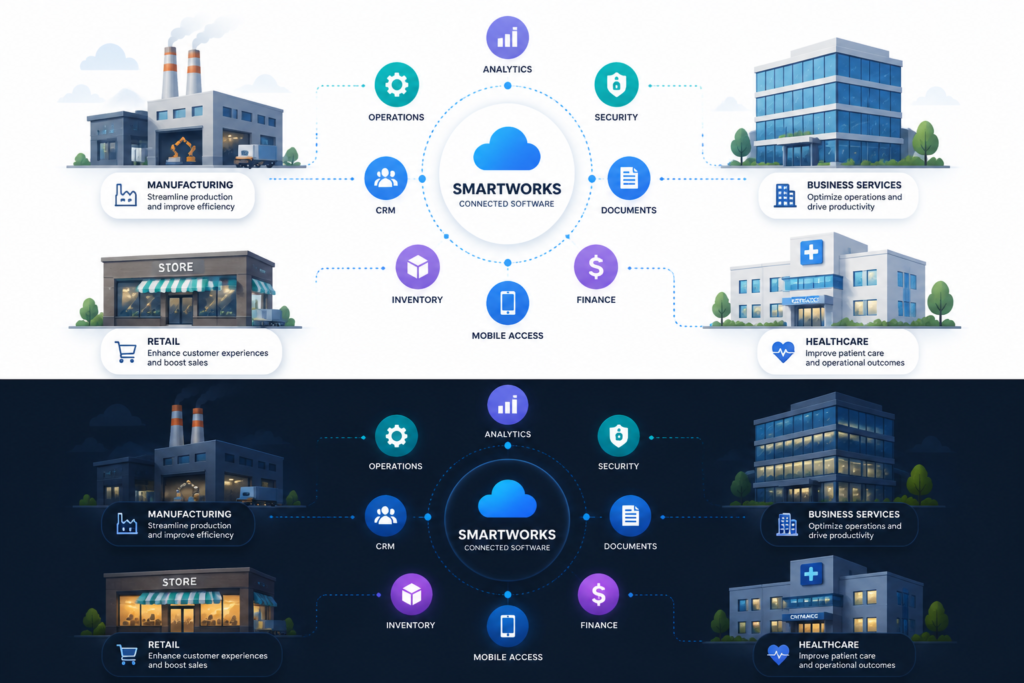 An illustration of various industry icons connected by digital symbols representing off-the-shelf software solutions across different sectors.