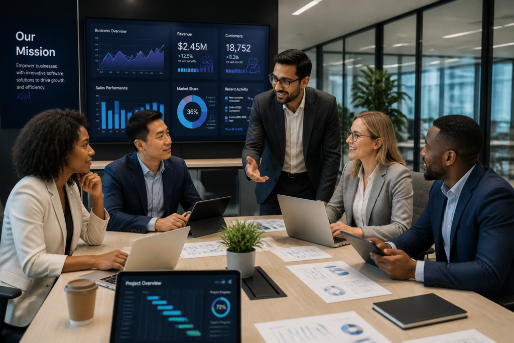 A team of professionals collaborating with laptops and digital devices in a modern office, representing the use of off-the-shelf software in business.