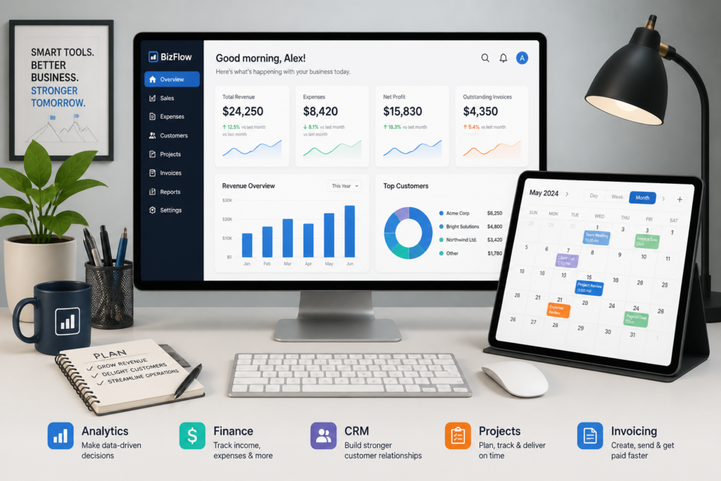 A modern illustration of a small business workspace with digital devices showcasing business tools and software applications.