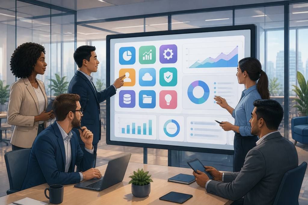 Illustration of business professionals collaborating around a screen with application icons, representing off-the-shelf software solutions in a modern office setting.