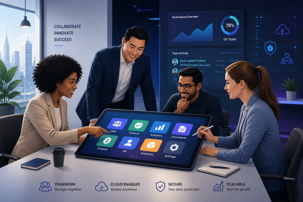 A professional illustration showing business team collaborating around a digital tablet with software icons, representing off-the-shelf software solutions.
