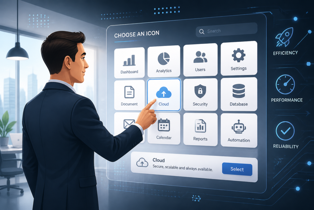 A professional choosing from diverse software icons in a modern office setting, symbolizing off-the-shelf software options for businesses.