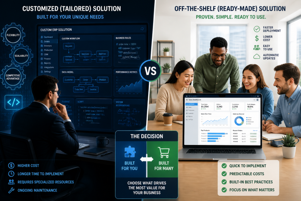 A professional illustration comparing custom proprietary software development with off-the-shelf solutions in a business setting.