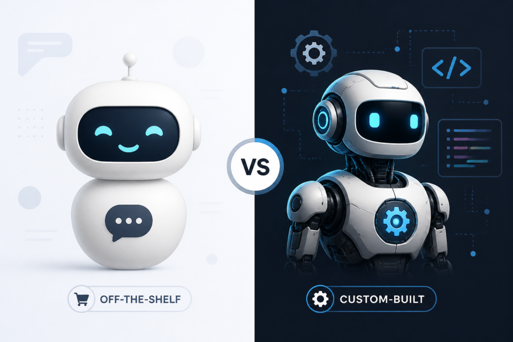 Illustration of a ready-made chatbot icon contrasted with a custom robot with gears, representing off-the-shelf versus custom chatbot options.