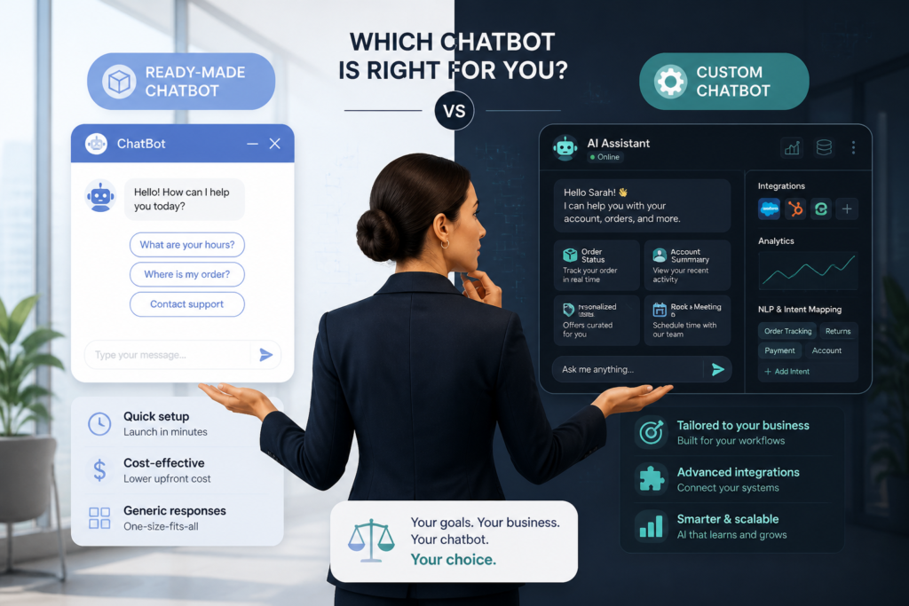 Business professional analyzing two chatbot options: ready-made versus custom, with digital interfaces and tech background elements.