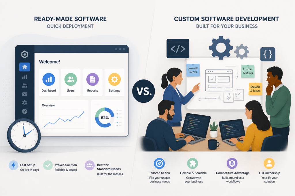 Illustration comparing off-the-shelf software with custom solutions, showing quick deployment versus tailored development for businesses.