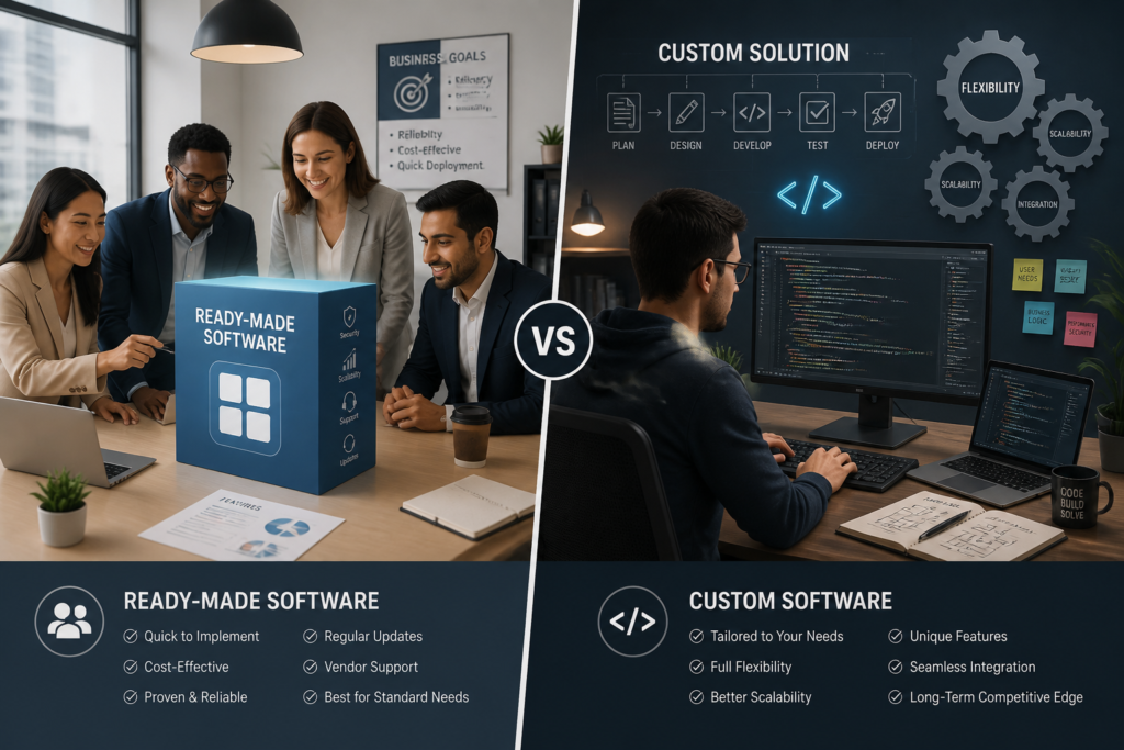An illustration contrasting off-the-shelf software with custom solutions, featuring business team collaboration and software development.