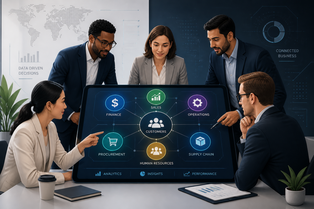 A professional illustration of business people collaborating around a digital tablet displaying interconnected business icons, symbolizing off-the-shelf systems.