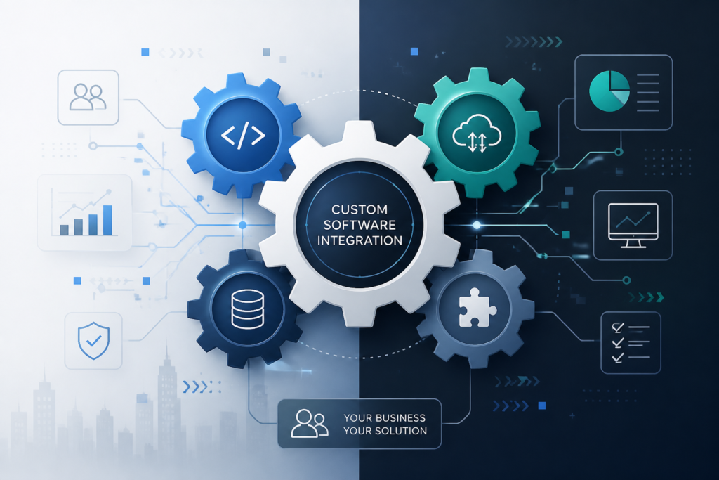Illustration of interconnected gears and digital symbols representing custom software solutions for business efficiency and growth.
