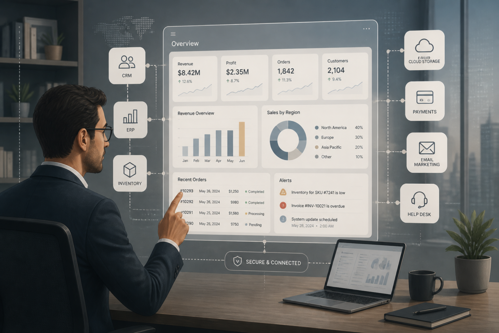A professional analyzing interconnected software icons on a digital dashboard in a modern office environment, symbolizing software integration and timing.