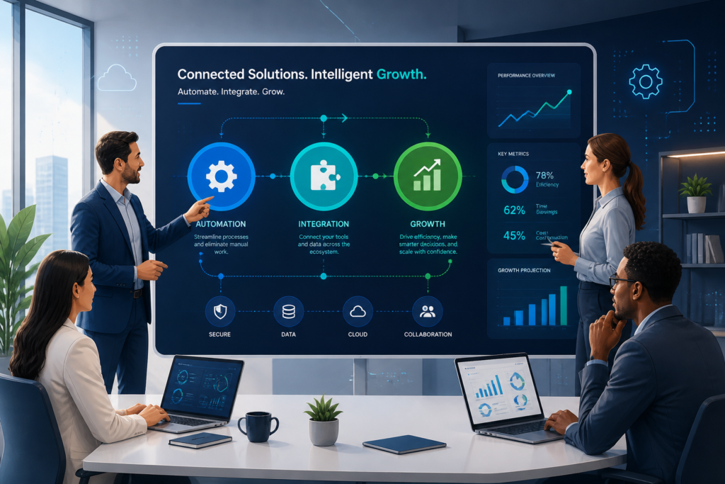 A team collaborating over a digital dashboard symbolizing business growth, automation, and system integration without any text or logos.