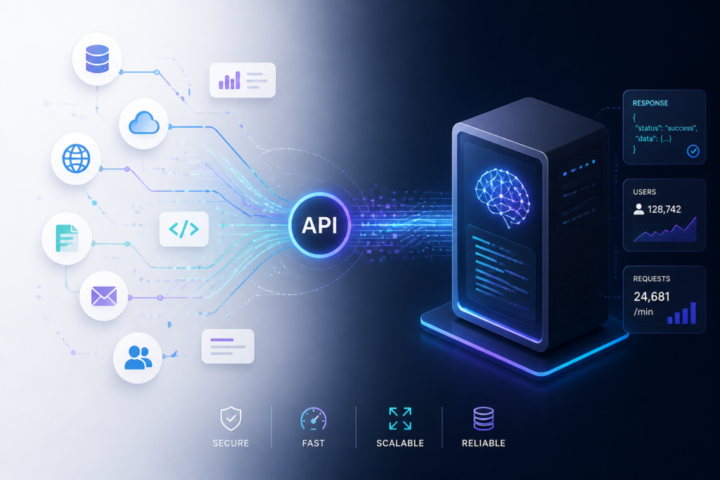 A sleek digital illustration of interconnected data nodes and streams representing AI API data flow and costs analysis for businesses.