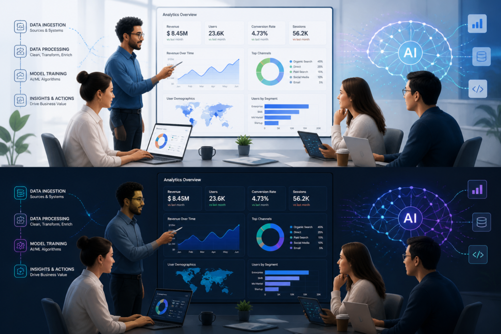 A professional team analyzing data and AI neural network graphics to represent AI cost estimation and budgeting tools.