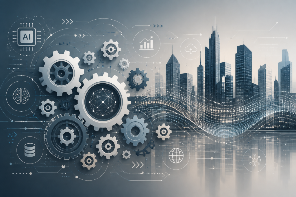 A professional illustration of interconnected gears and data streams symbolizing AI cost estimation and technology integration.