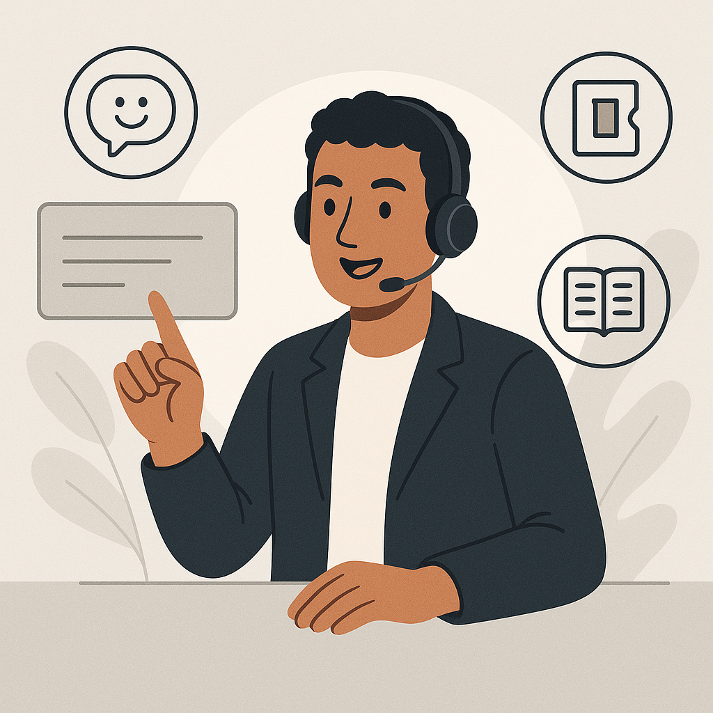 An illustration of a customer support agent with icons of chat, tickets, and knowledge base around them, symbolizing WooCommerce support tools.