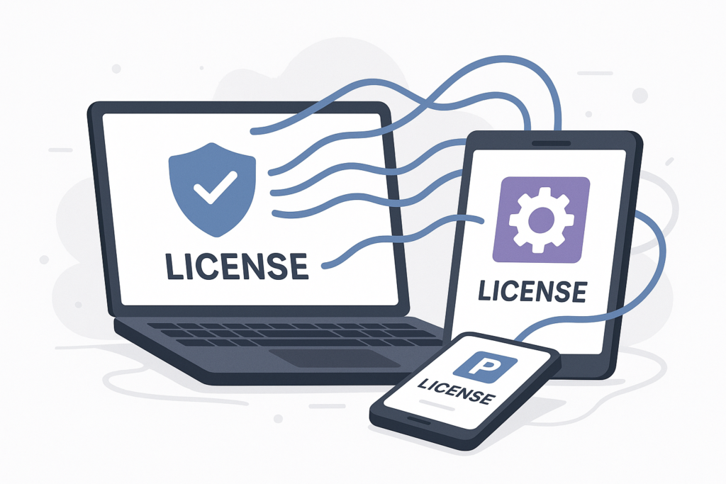 Illustration of interconnected devices with icons representing software licenses and automation, emphasizing streamlined license management for WooCommerce.