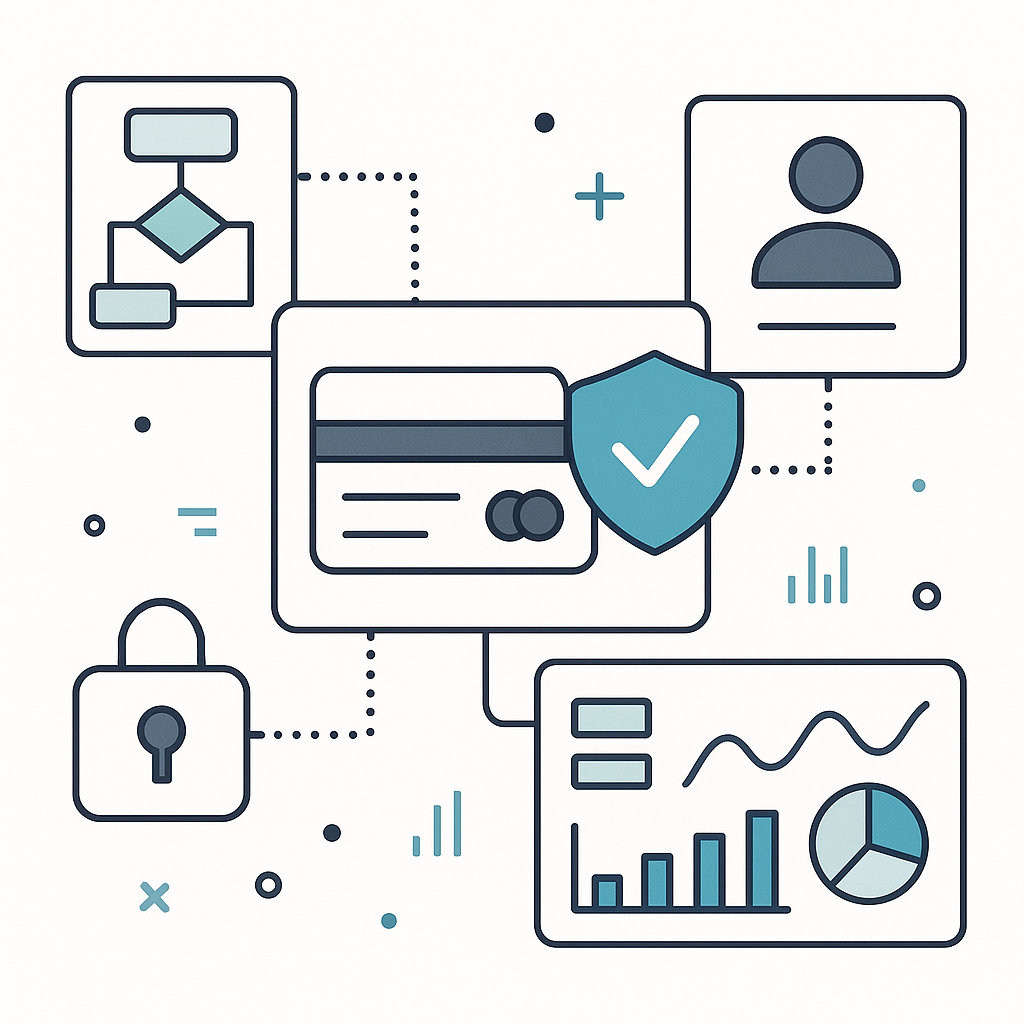 A professional illustration depicting secure payments, user roles, and dashboards in a SaaS platform context, emphasizing security and data management.