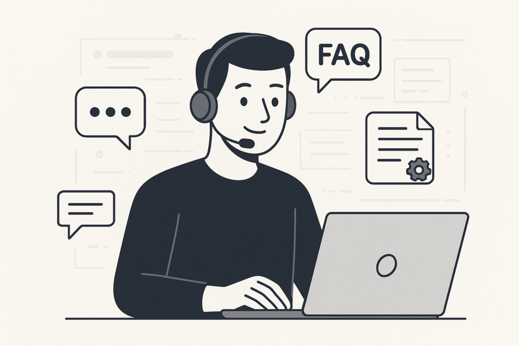 Illustration of a support agent with digital icons representing chat, FAQs, and tickets to symbolize customer service support plugins.