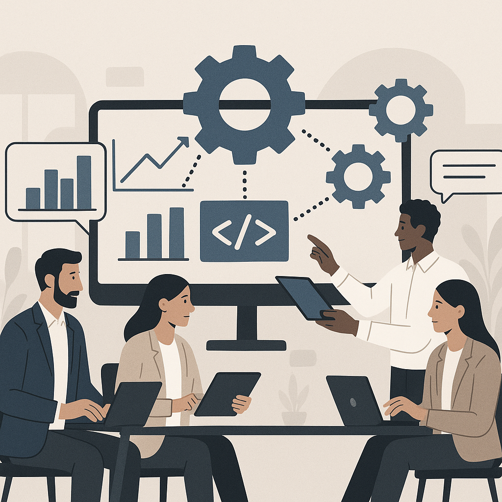 An illustration of a business team collaborating on digital devices with gears and code, representing custom software development for businesses.