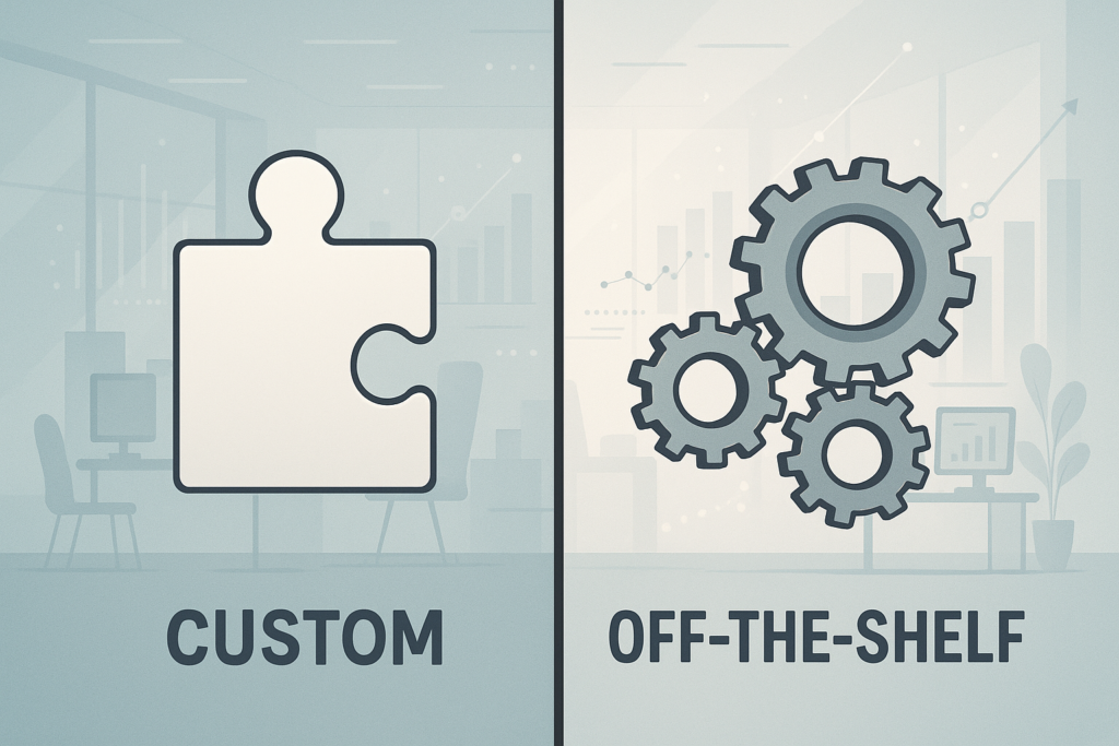 An illustration contrasting a customizable puzzle piece with a standard gear assembly, representing tailored versus ready-made software solutions.
