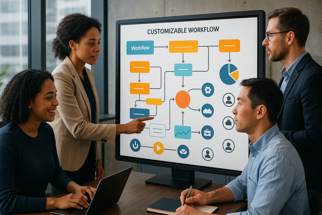 A team collaborating over a digital touchscreen showcasing customizable workflows in a professional office setting.
