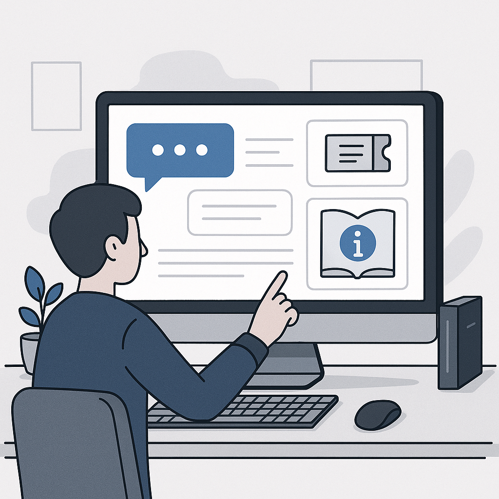 A professional workspace with a person managing customer support tools on a computer screen, representing WordPress support plugins.