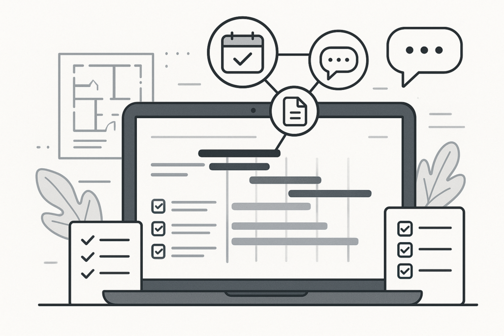 Illustration of a digital project management interface with scheduling, communication, and document sharing icons for subcontractor management.