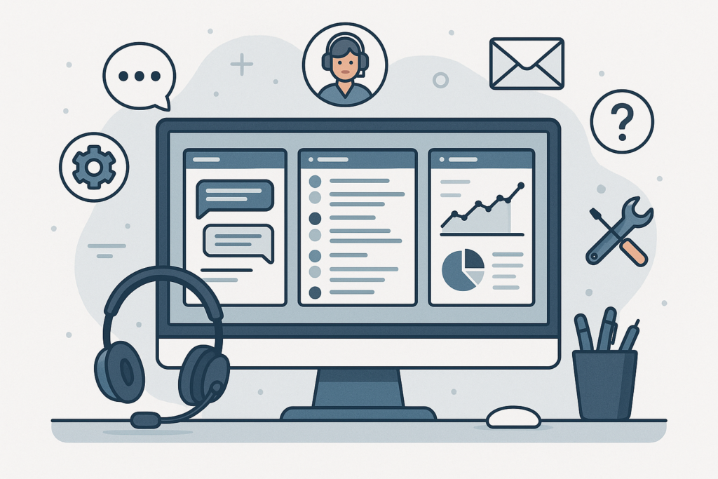 A professional support desk workspace with screens showing chat, tickets, and analytics, representing customer support tools for WordPress plugins.