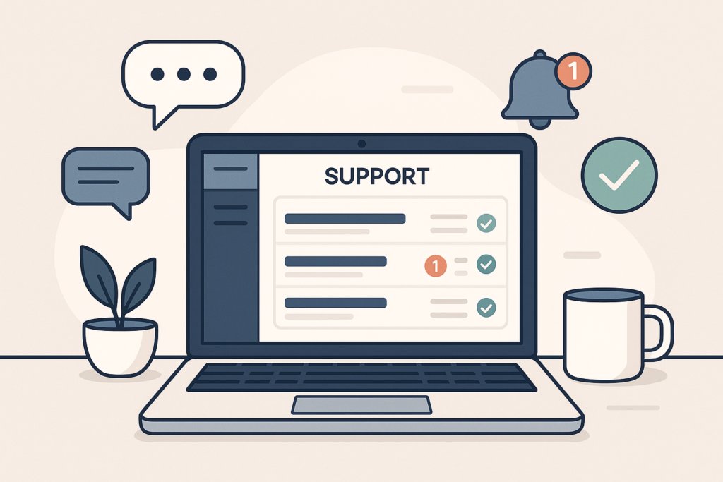 A professional workspace featuring a laptop with support ticket icons and customer support symbols, representing help desk management for WordPress sites.