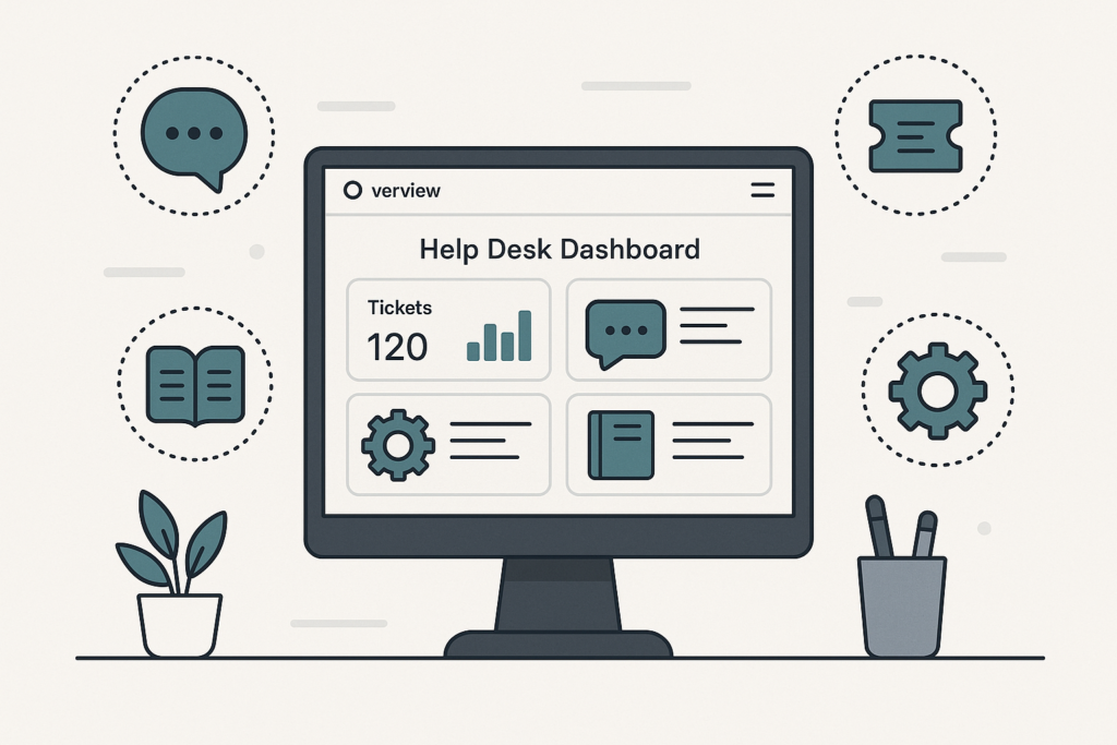 A professional illustration of a customer support dashboard with chat, tickets, and automation icons, representing help desk tools for WordPress.