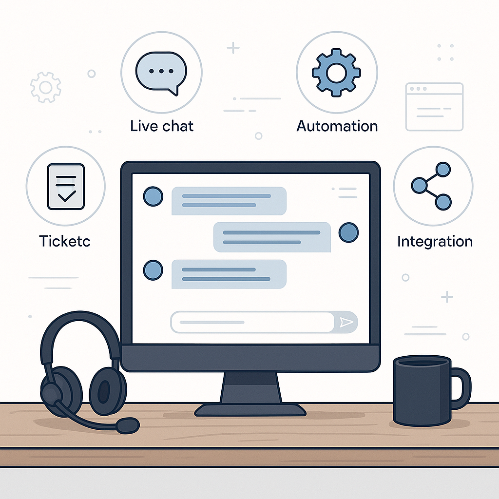 An illustration of a customer support setup with chat, ticket icons, and automation tools on a sleek workspace, representing WooCommerce support apps in 2024.
