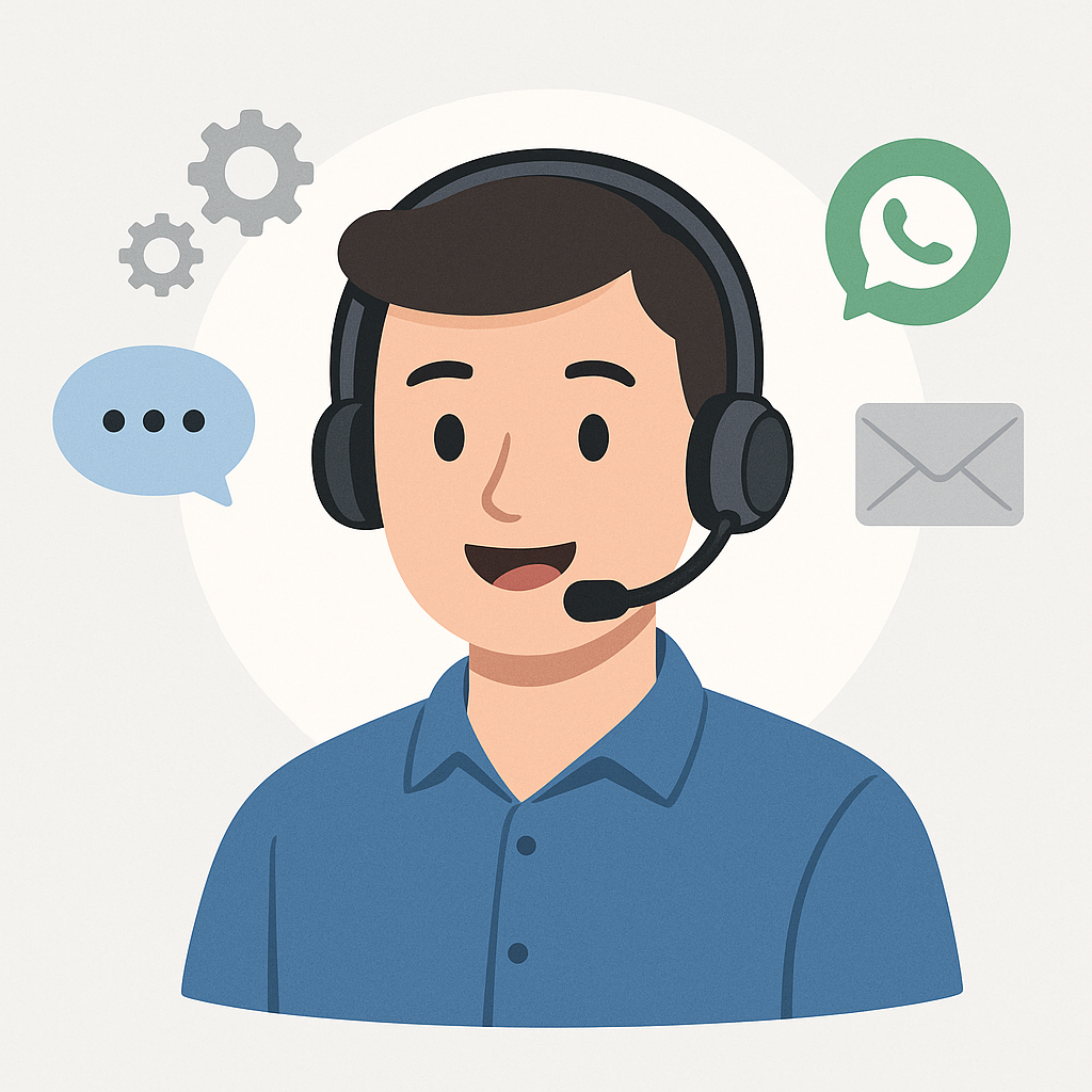 A professional support agent with communication icons symbolizing customer service and support tools for WooCommerce stores.