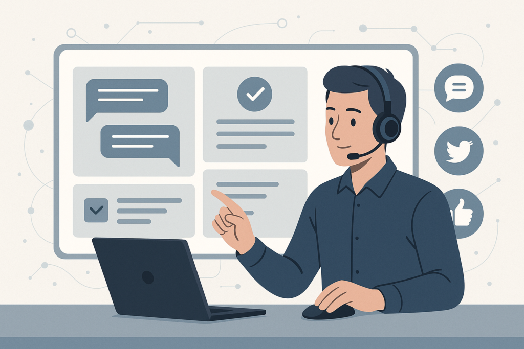 An illustration of a customer support representative managing chats, tickets, and social media on a digital dashboard, representing WooCommerce support apps.