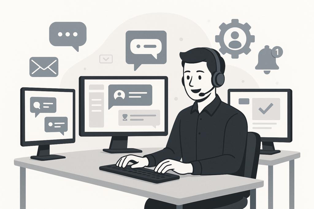 A professional support team member managing customer inquiries across multiple digital channels on a sleek, modern setup.