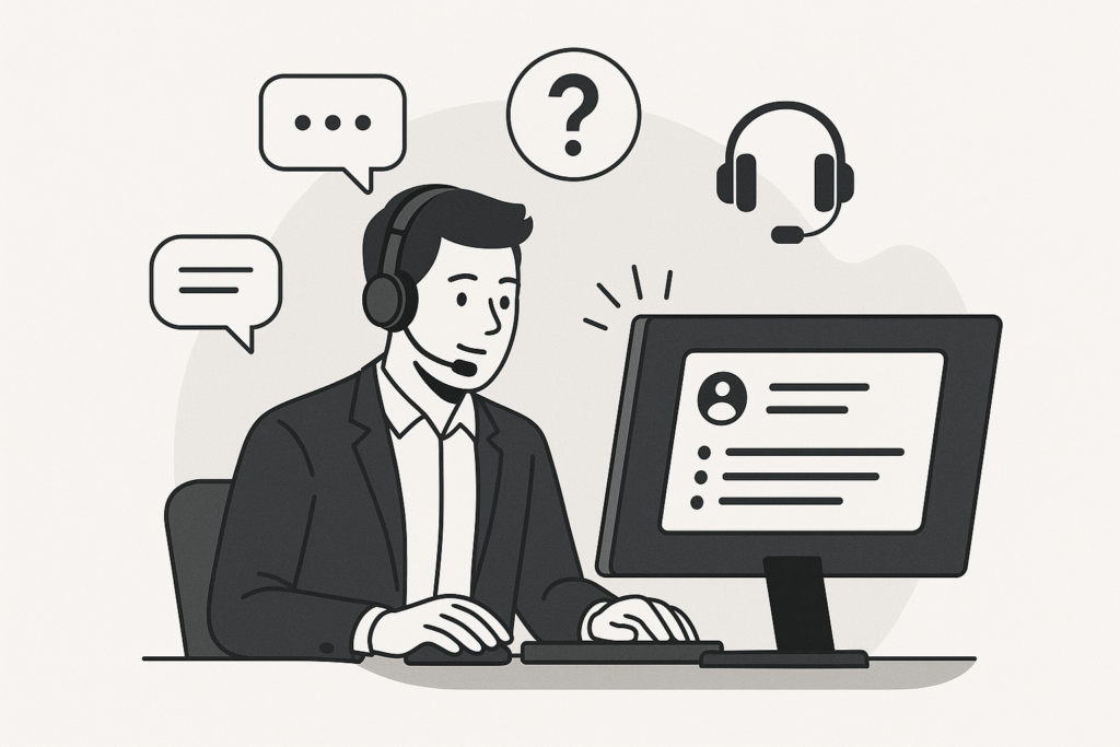 An illustration of a support agent interacting with digital customer service icons on a sleek computer interface, representing seamless support in 2024.