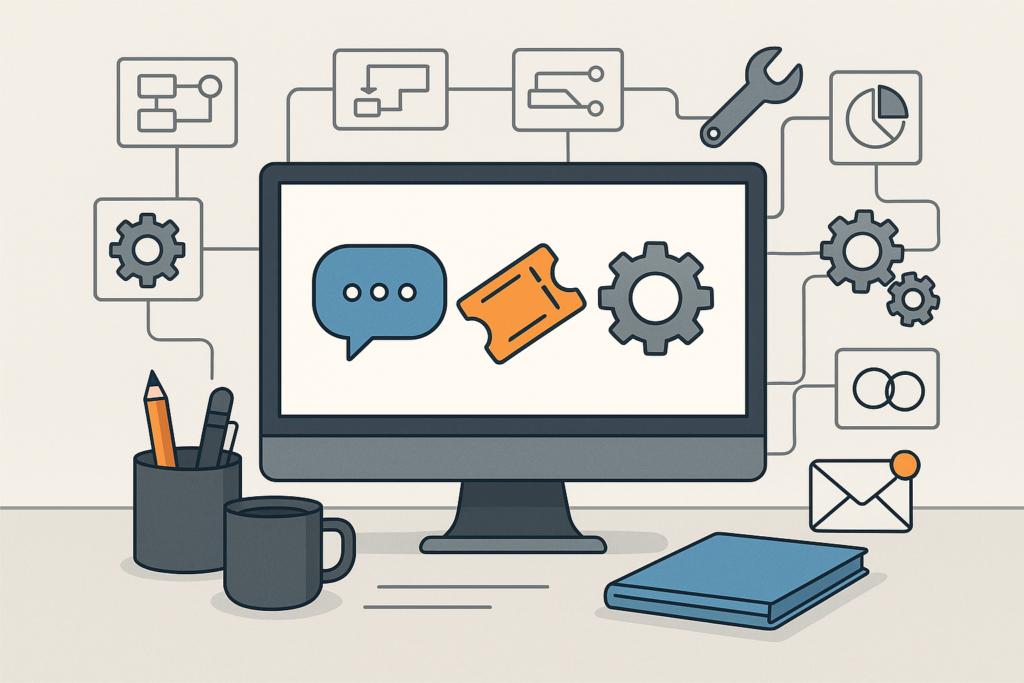 An illustration of a digital support system with chat, tickets, and automation elements representing WordPress support plugins.