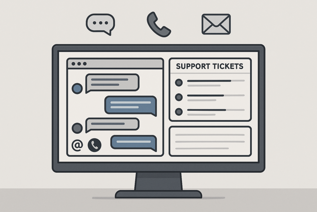 Illustration of a customer support dashboard with chat and ticket icons on a neutral background, representing support plugins.