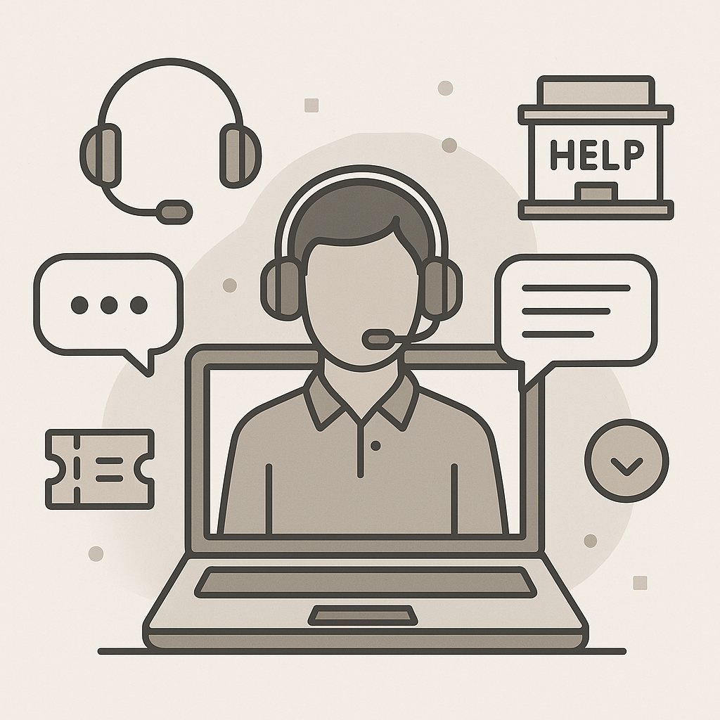 An illustration of a customer support workspace with a laptop, chat bubbles, and support icons representing efficient service workflows.