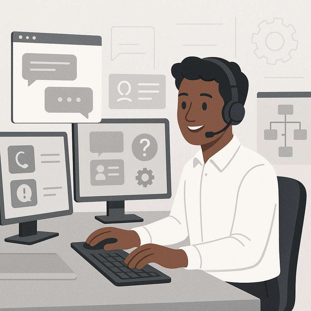 A professional support agent managing customer inquiries on multiple screens, symbolizing efficient help desk solutions for WordPress support in 2024.