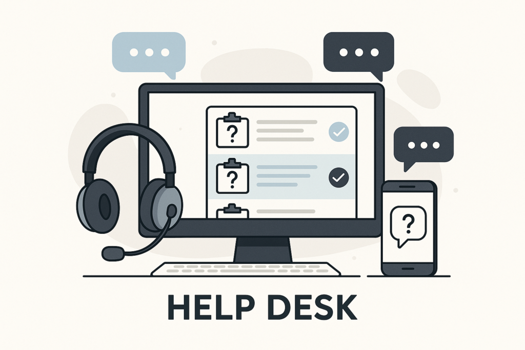 Illustration of a support workspace with a computer, chat bubbles, headset, and smartphone representing WordPress help desk support.