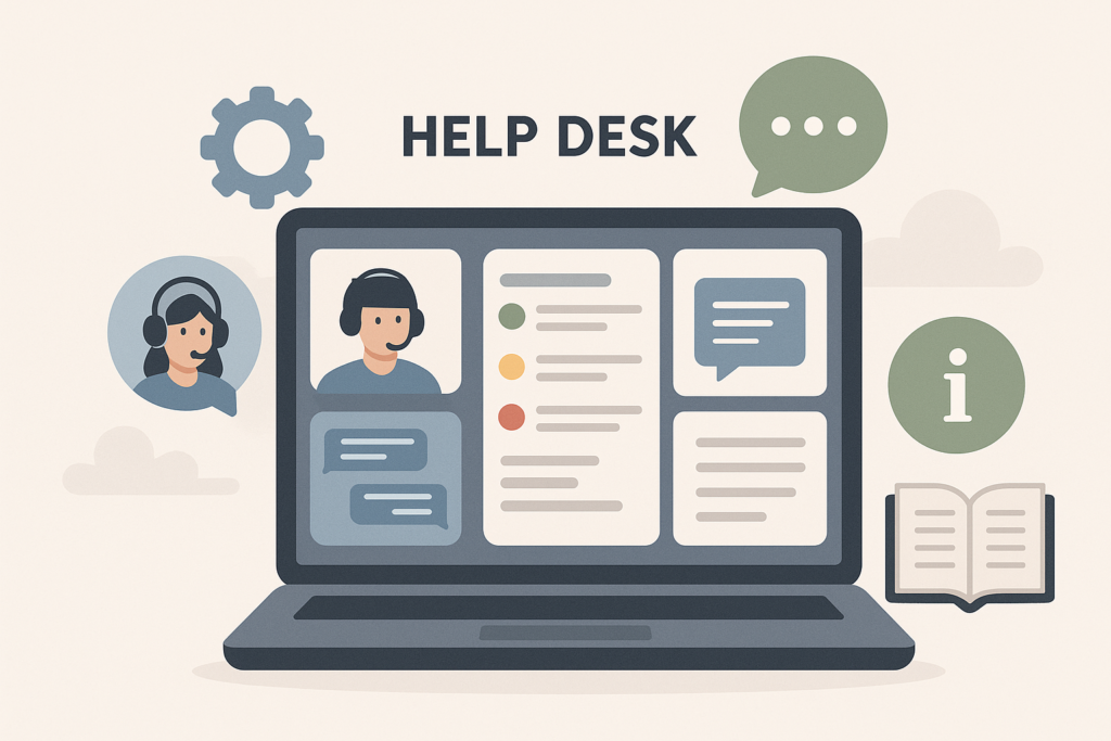 An illustration of a support agent's workspace with chat, tickets, and automation icons representing WordPress help desk software features.