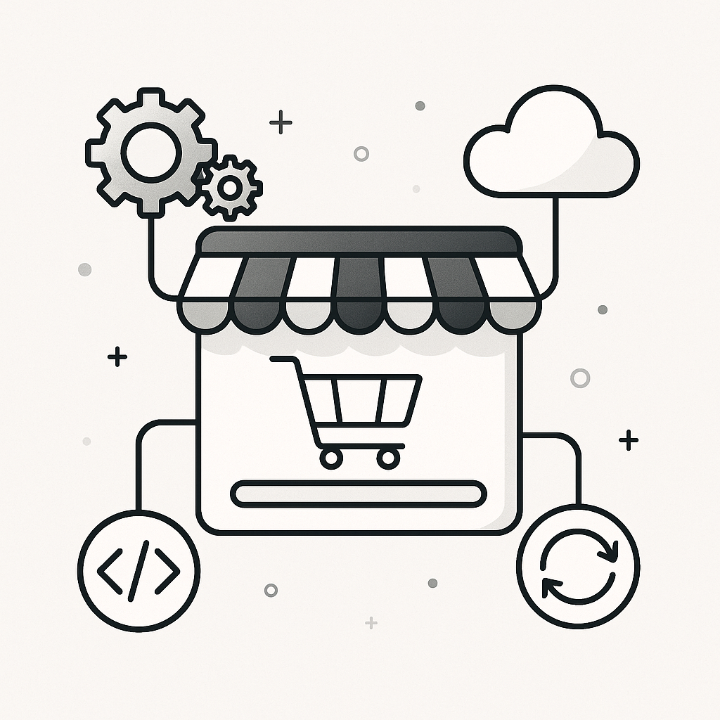 An illustration showing digital license management with gears, cloud icons, and code symbols representing automation for WooCommerce.