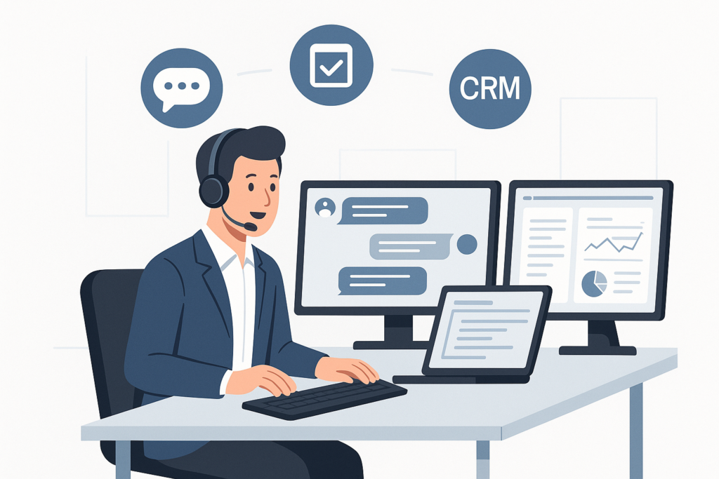 A professional support agent managing customer inquiries across multiple digital tools on a sleek desk setup, emphasizing efficient customer service.