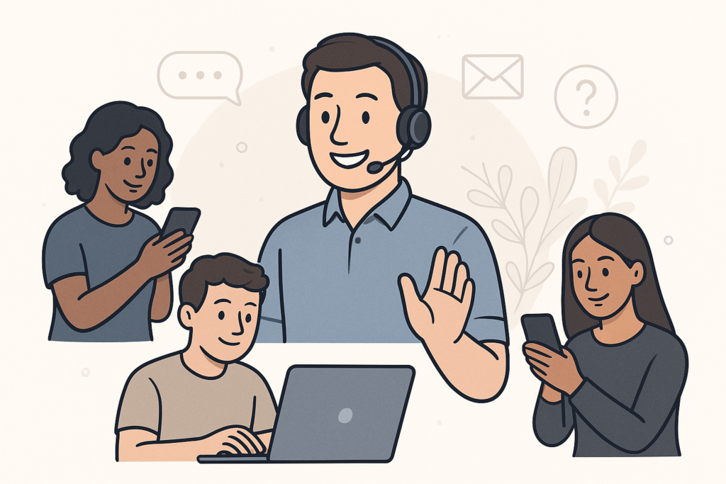 Illustration of a customer support agent assisting online shoppers via chat and devices, emphasizing responsive support for ecommerce success.