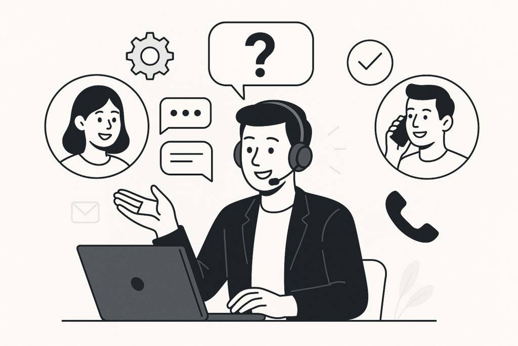 Illustration of a customer support agent assisting happy customers through digital chat and phone support with support icons and devices.
