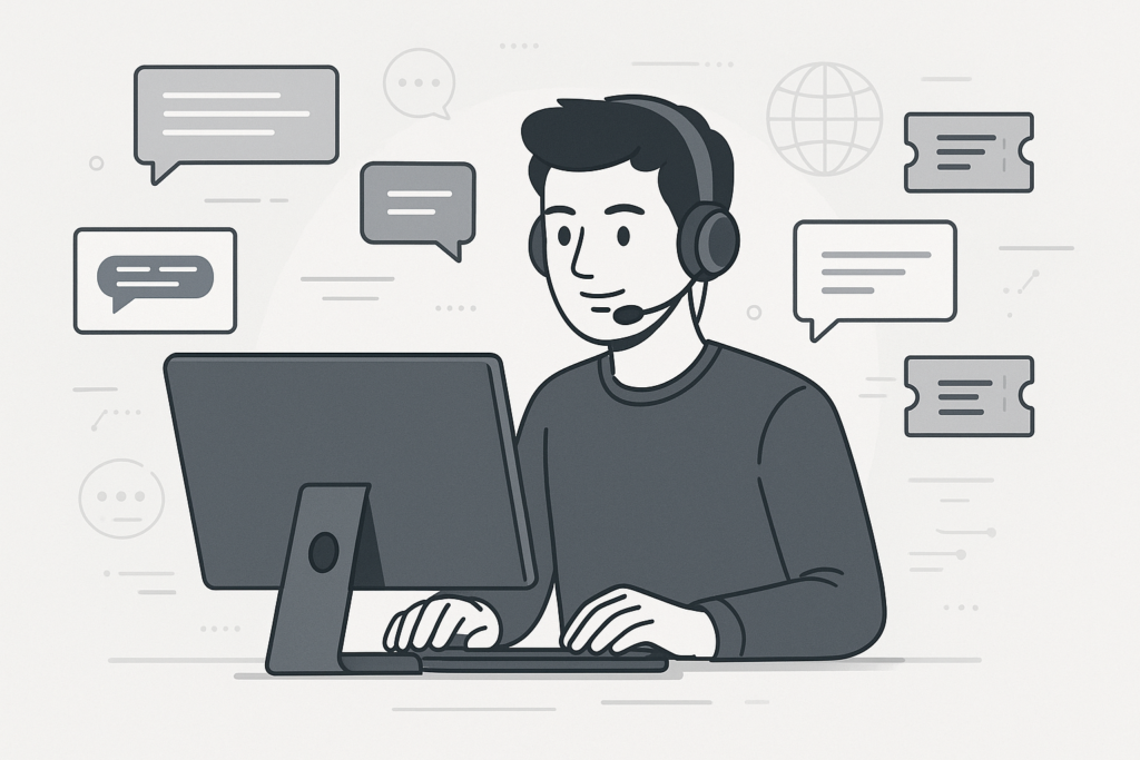 A professional support agent managing customer inquiries with digital tools, representing WooCommerce helpdesk solutions for efficient support.