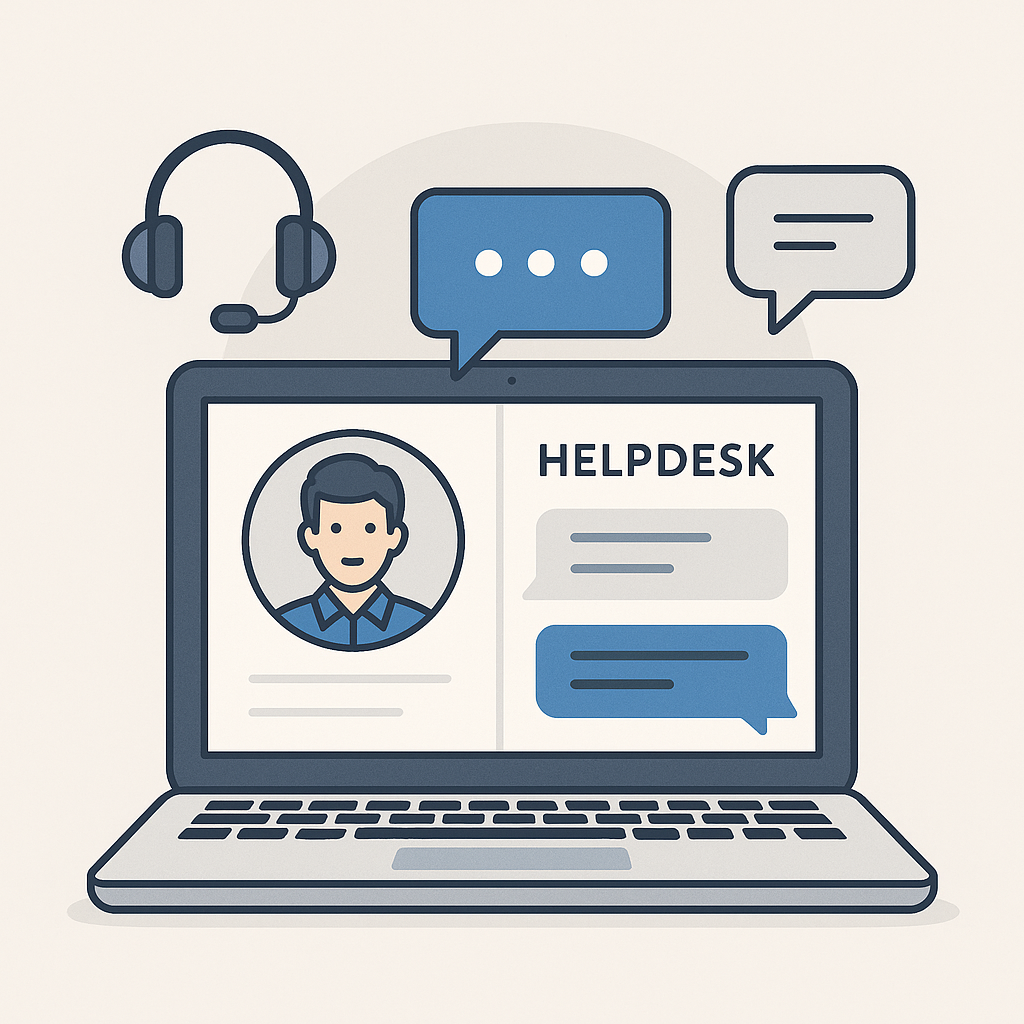 An illustration of customer support tools including chat bubbles, headphones, and support icons representing WooCommerce helpdesk features.