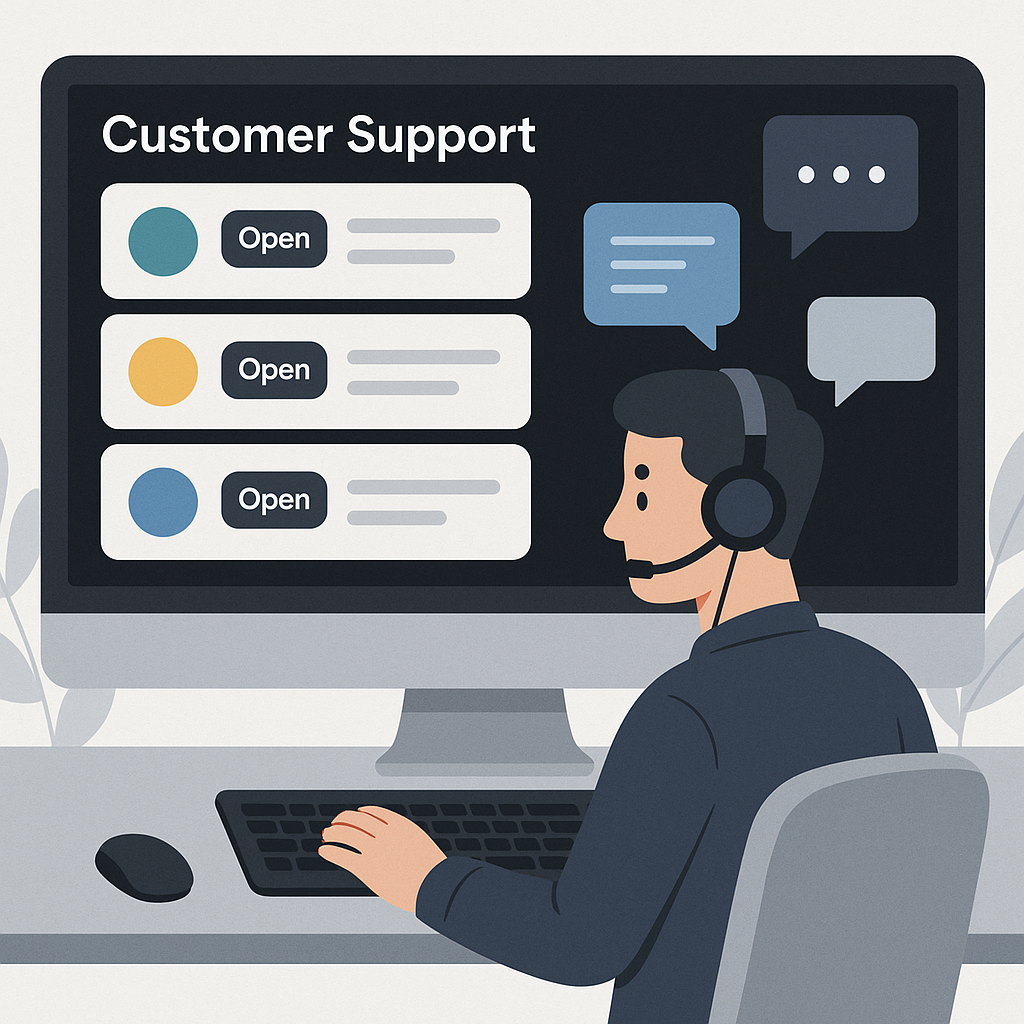 An illustration of a customer support dashboard with tickets and chat bubbles representing help desk management for WooCommerce stores.
